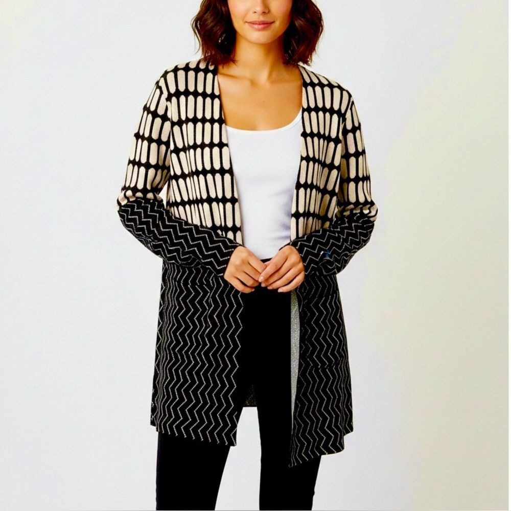 Joseph A Black and Cream Geometric Longline Open-front Cardigan Size XL